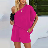 Skew Collar Off-shoulder Loose Casual Pullover & Shorts Set