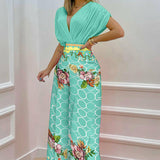 V-neck Bat Sleeve Top Printed Wide-leg Pants Suit Silver Sam