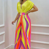 V-neck Bat Sleeve Top Printed Wide-leg Pants Suit Silver Sam