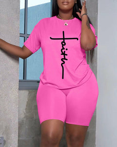 Letter Print T-Shirt Top & Shorts Set