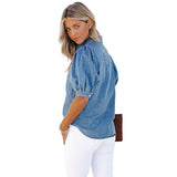 Puff Sleeve Elegant Turn-down Collar Denim Top Silver Sam