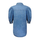 Puff Sleeve Elegant Turn-down Collar Denim Top Silver Sam