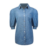 Puff Sleeve Elegant Turn-down Collar Denim Top Silver Sam