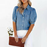 Puff Sleeve Elegant Turn-down Collar Denim Top Silver Sam
