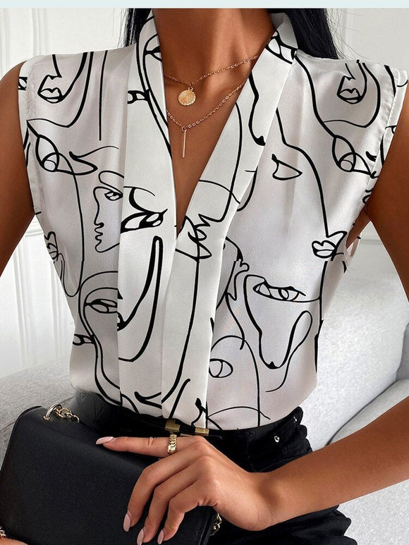 Print V-neck Sleeveless Top Silver Sam