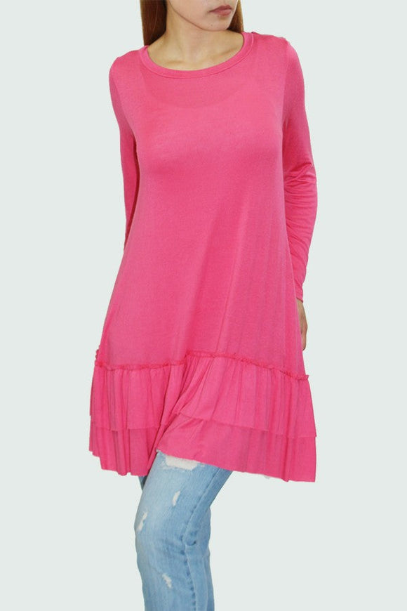 Long Sleeve Pleated Bottom Tunic - Coral Yellow Hera