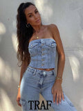 Woman Denim Corset Wrap Chest Top Silver Sam