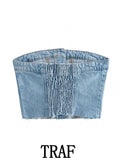 Woman Denim Corset Wrap Chest Top Silver Sam