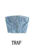 Woman Denim Corset Wrap Chest Top Silver Sam