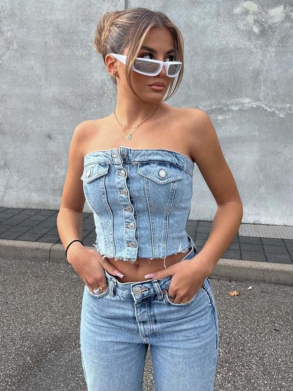 Button-up Denim Corset Crop Top Silver Sam