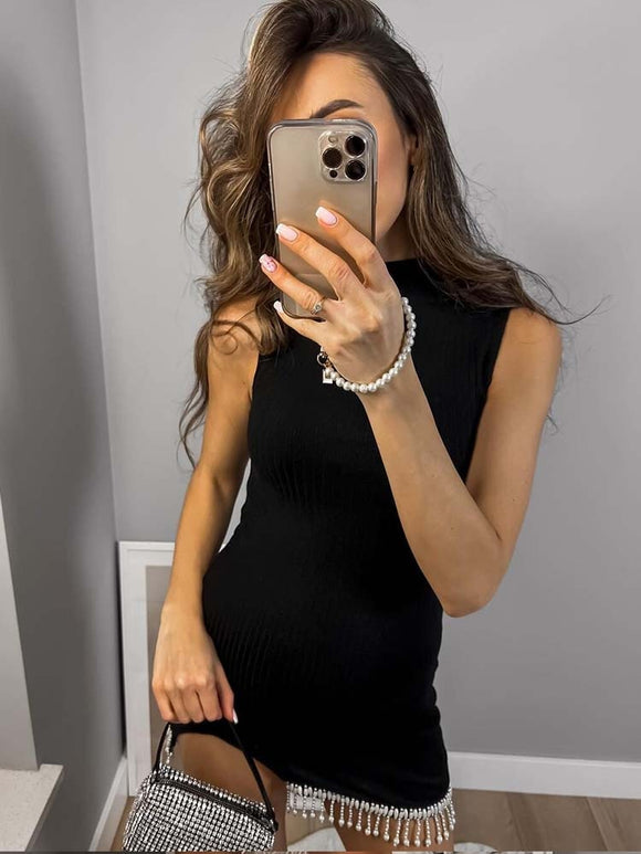 Sleeveless Pearl Knit Short Dress