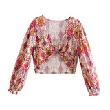 Floral Top Long Sleeve Knot Crop Top & Shorts