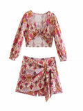 Floral Top Long Sleeve Knot Crop Top & Shorts