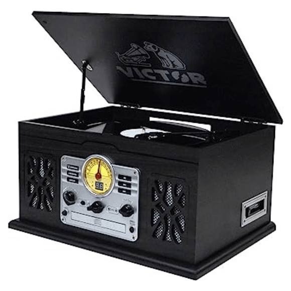 Victor State 7-in-1 Wood Music Center with 3-Speed Turntable and Dual