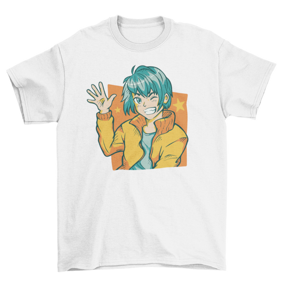 Happy anime boy waving t-shirt