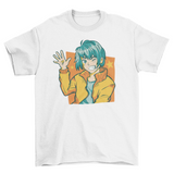 Happy anime boy waving t-shirt