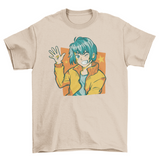 Happy anime boy waving t-shirt