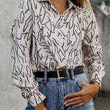 Vintage Print Turn-down Collar Blouse Silver Sam