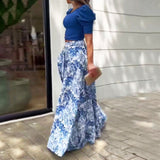 Sexy One-Shoulder Puff-Sleeve Top Printed Pant Two-Piece Sets  High