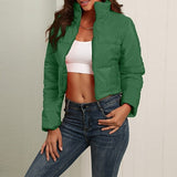 Cotton Tops Jacket Women Solid Stand Collar Long Sleeve Warm Coat Silver Sam