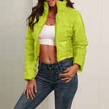 Cotton Tops Jacket Women Solid Stand Collar Long Sleeve Warm Coat Silver Sam