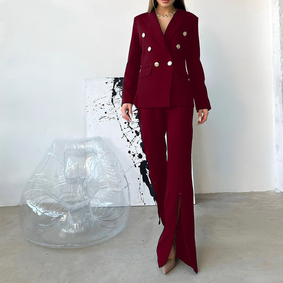Casual Long Sleeve Set Work Blazer Set Double-Breasted Coat