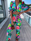 Lantern Sleeve Deep V-Neck Top & Pants Set