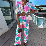 Lantern Sleeve Deep V-Neck Top & Pants Set