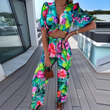 Lantern Sleeve Deep V-Neck Top & Pants Set