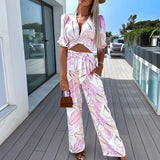 Lantern Sleeve Deep V-Neck Top & Pants Set