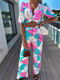 Lantern Sleeve Deep V-Neck Top & Pants Set