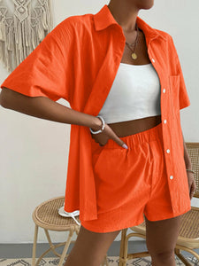 Cotton Linen Button T-shirt & Elastic Waist Shorts Set