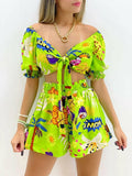 Print Crop V-Neck Short Sleeve Top & Shorts Set Silver Sam