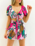 Print Crop V-Neck Short Sleeve Top & Shorts Set Silver Sam