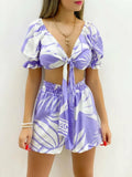 Print Crop V-Neck Short Sleeve Top & Shorts Set Silver Sam