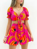 Print Crop V-Neck Short Sleeve Top & Shorts Set Silver Sam