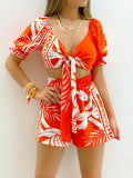 Print Crop V-Neck Short Sleeve Top & Shorts Set Silver Sam