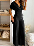 Solid V-Neck Ruched Jumpsuits  Summer Sexy Sleeveless Overalls Silver Sam