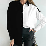 Spliced Turn-down Collar Long Sleeve Top Silver Sam