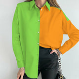 Spliced Turn-down Collar Long Sleeve Top Silver Sam