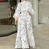 Print Long Sleeve Jumpsuit Office Lady Elegant O Neck Shirt Romper Silver Sam