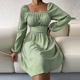 Solid Color Party Dress Summer Sexy Square Collar Beach Dress Silver Sam