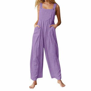 Loose Pocket Button Solid Cargo Pants Long Jumpsuit