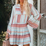 Patchwork Dress Summer V Neck Loose Striped Boho Dress Silver Sam
