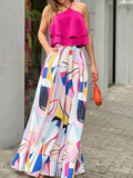 Pattern Print Tops & High Waist Loose Trousers Outfit