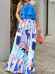 Pattern Print Tops & High Waist Loose Trousers Outfit
