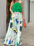 Pattern Print Tops & High Waist Loose Trousers Outfit