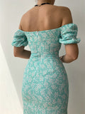 Floral Print Off Shoulder Slit Party Dress