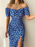 Floral Print Off Shoulder Slit Party Dress