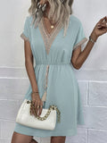 Bohemian V Neck Lace Up Stitching Midi Dress Silver Sam